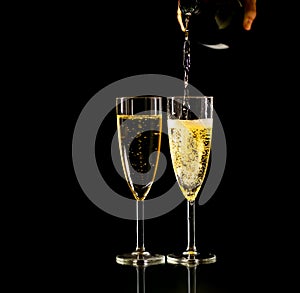 Bottle and glasses of Champagne toasting for New year Romantic Celebration and Special moments