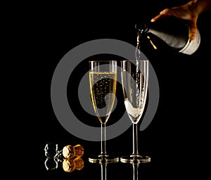 Bottle and glasses of Champagne toasting for New year Romantic Celebration and Special moments