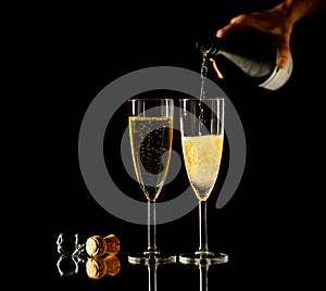 Bottle and glasses of Champagne toasting for New year Romantic Celebration and Special moments