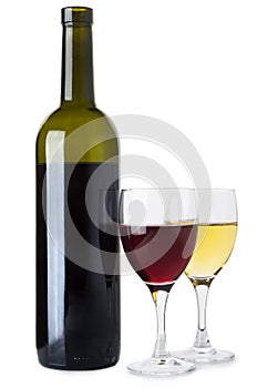Bottle and glasses of red and white wine