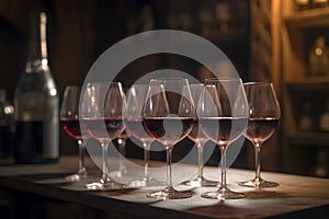 Bottle and glasses of red wine on wooden table in cellar of winery