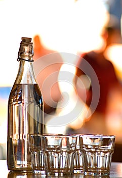 Bottle and glasses,restaurant