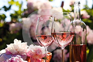 Bottle and glasses of rose wine near beautiful peonies in garden, closeup. Space for text