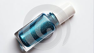 bottle of glittery blue nail polish on plain white ai generated