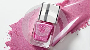 bottle of glittery pink nail polish on plain white ai generated