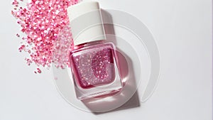 bottle of glittery pink nail polish on plain white ai generated