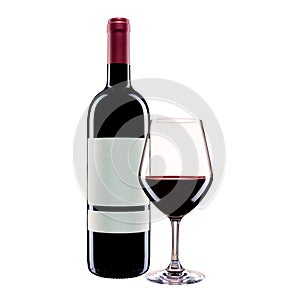Bottle and goblet of red wine on a white background