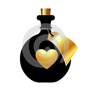 Bottle with a golden heart and a tag on a white background. Magic elixir of love or poison. Isolated object. Vector