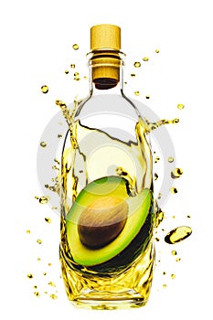 bottle of green avocado oil and avocado fruit, liquid spilling through glass and oil splashes all around. fresh healthy food