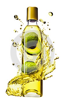 bottle of green avocado oil and avocado fruit, liquid spilling through glass and oil splashes all around. fresh healthy food