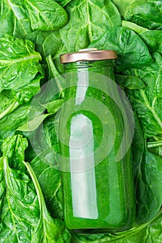 Bottle with Green Fresh Raw Smoothie from Leafy Greens Vegetables Fruits Apples Bananas Kiwi Zucchini on Spinach Leaves Background