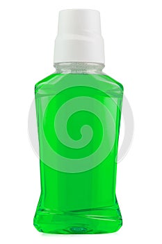 Bottle with green liquid cosmetic for teeth, isolated on white background