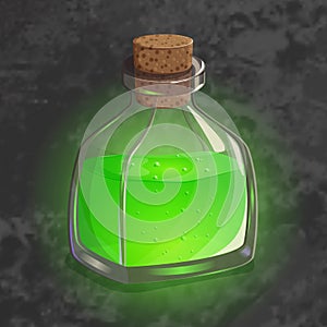 Bottle with green potion. Game icon of magic elixir. Bright design for app user interface. Shrinking, poison, augury