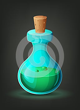 Bottle with green potion. Icon of magic elixir. Cartoon vector illustration.
