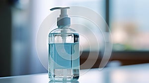 A bottle of hand sanitizer gel for hygiene and safeguarding against germs. Generative AI
