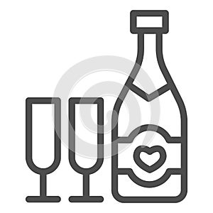 Bottle with heart and glass of champagne line icon, valentine day concept, sparkling wine in two glasses sign on white