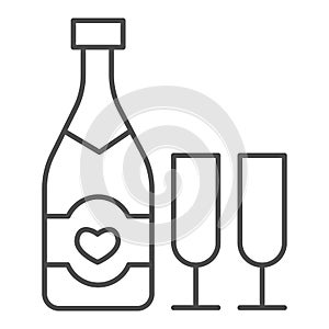 Bottle with heart and glass of champagne thin line icon, valentine day concept, sparkling wine in two glasses sign on