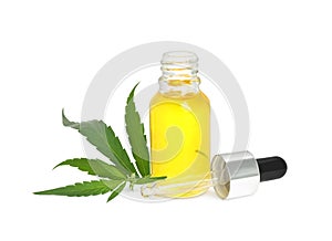 Bottle of hemp oil and leaves on white background