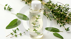 A bottle of herbal essential oil with sprigs of fresh thyme and sage leaves on a white background