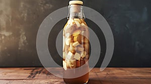 A bottle of homemade apple cider vinegar filled with chunks of apples and floating scoby symbiotic culture of bacteria photo