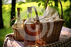 bottle of homemade schnapps with picnic basket