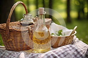 bottle of homemade schnapps with picnic basket