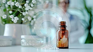 Bottle of homeopathic medicine pellets with a blurred doctor Homeopath in the background. Homeopathy treatment and