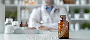 Bottle of homeopathic medicine pellets with a blurred doctor Homeopath in the background. White homeopathic globules photo