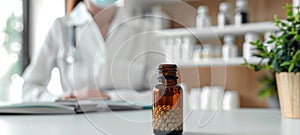 Bottle of homeopathic medicine pellets with a blurred female doctor Homeopath in the background. Concept of homeopathy