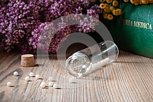 A bottle of homeopathic pills with dried herbs and materia medica photo