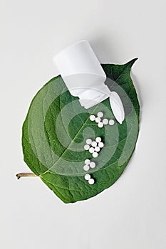 Bottle with homeopathic pills on green plant leaf. Homeopathy, naturopathy and alternative herbal medicine