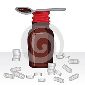 Bottle of homeopathic remedy syrop and a spoon with remedy mixture