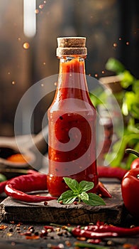 Bottle of hot chili sauce is placed on a table surrounded by various types of peppers, AI-generated.