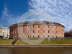 Bottle house building - former military prison on territory of New Holland island in Saint Petersburg, Russia