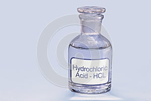 Bottle of hydrochloric acid, a chemical solution used in cleaning and galvanizing metals, in tanning leather and obtaining various