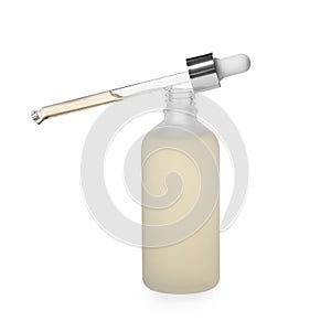 Bottle of hydrophilic oil and pipette on white background