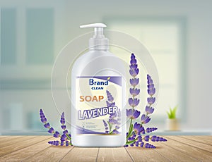 Bottle of hygienic soap dispenser with lavender flowers