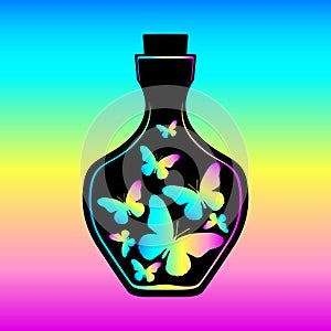 Bottle icon with colorful butterflies, moths on a colored background. Magic elixir of love, perfumery. Vector