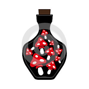 Bottle icon with red fly agaric on a white background. Isolated object. Magic elixir or poison. Vector