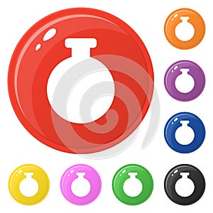 Bottle icons set 8 colors isolated on white. Collection of glossy round colorful buttons. Vector illustration for any design