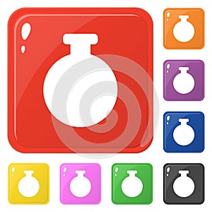 Bottle icons set 8 colors isolated on white. Collection of glossy square colorful buttons. Vector illustration for any design