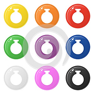 Bottle icons set 9 colors isolated on white. Collection of glossy round colorful buttons. Vector illustration for any design