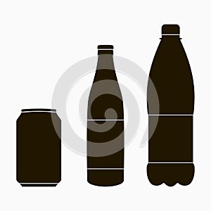 Bottle icons set - metal can, glass and plastic. Vector.