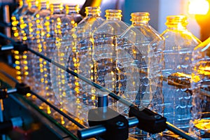 Bottle. Industrial production of plastic pet bottles. Factory line for manufacturing polyethylene bottles. Transparent food packag