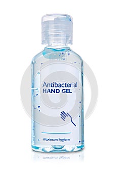 Bottle of instant antibacterial hand sanitizer transparent gel isolated on white background, included clipping path