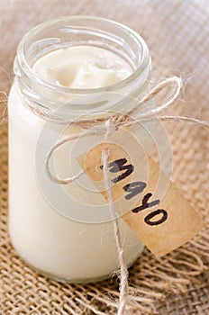 Bottle jar of mayonaise with 'mayo' label