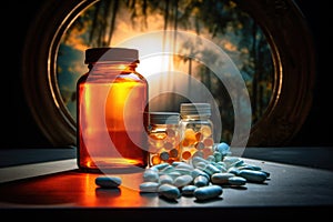 Bottle and Jar of Pills for Medication Storage and Organization, Prescription opioids, with bottle of many pills on the mirror