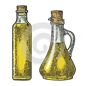 Bottle and Jug glass of liquid with cork stopper. Olive oil.