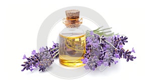 Bottle of lavender essential oil and fresh flowers on white background. Generated AI