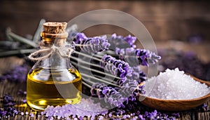 A bottle of lavender oil with a wooden bowl of salt